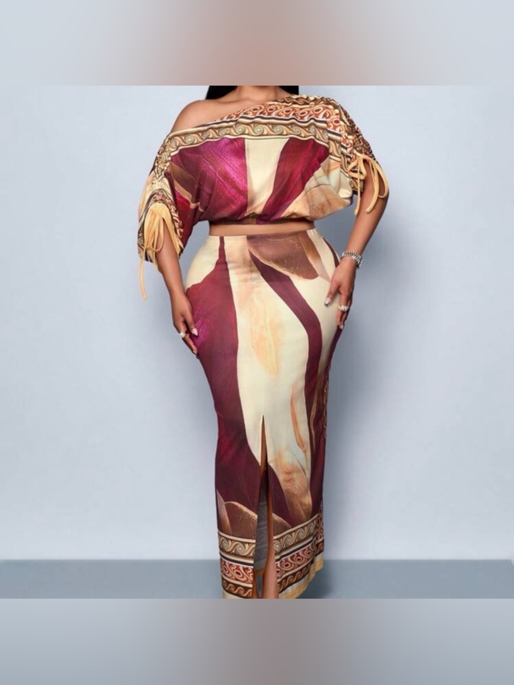 🆕 NEW Without Tags Women’s Printed Maxi Skirt and Top in Burgundy & Cream - 3XL